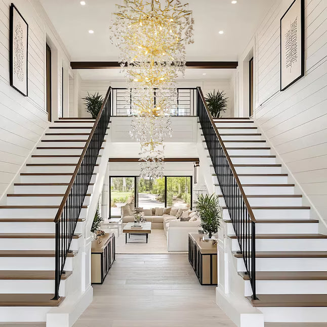 LuxRoyale Grand Crystal Leaf Chandelier for High Ceilings, Modern Elegant Lighting
