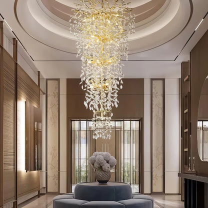 LuxRoyale Grand Crystal Leaf Chandelier for High Ceilings, Modern Elegant Lighting