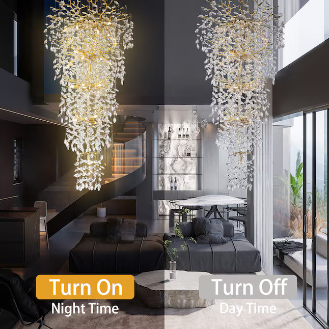 LuxRoyale Grand Crystal Leaf Chandelier for High Ceilings, Modern Elegant Lighting
