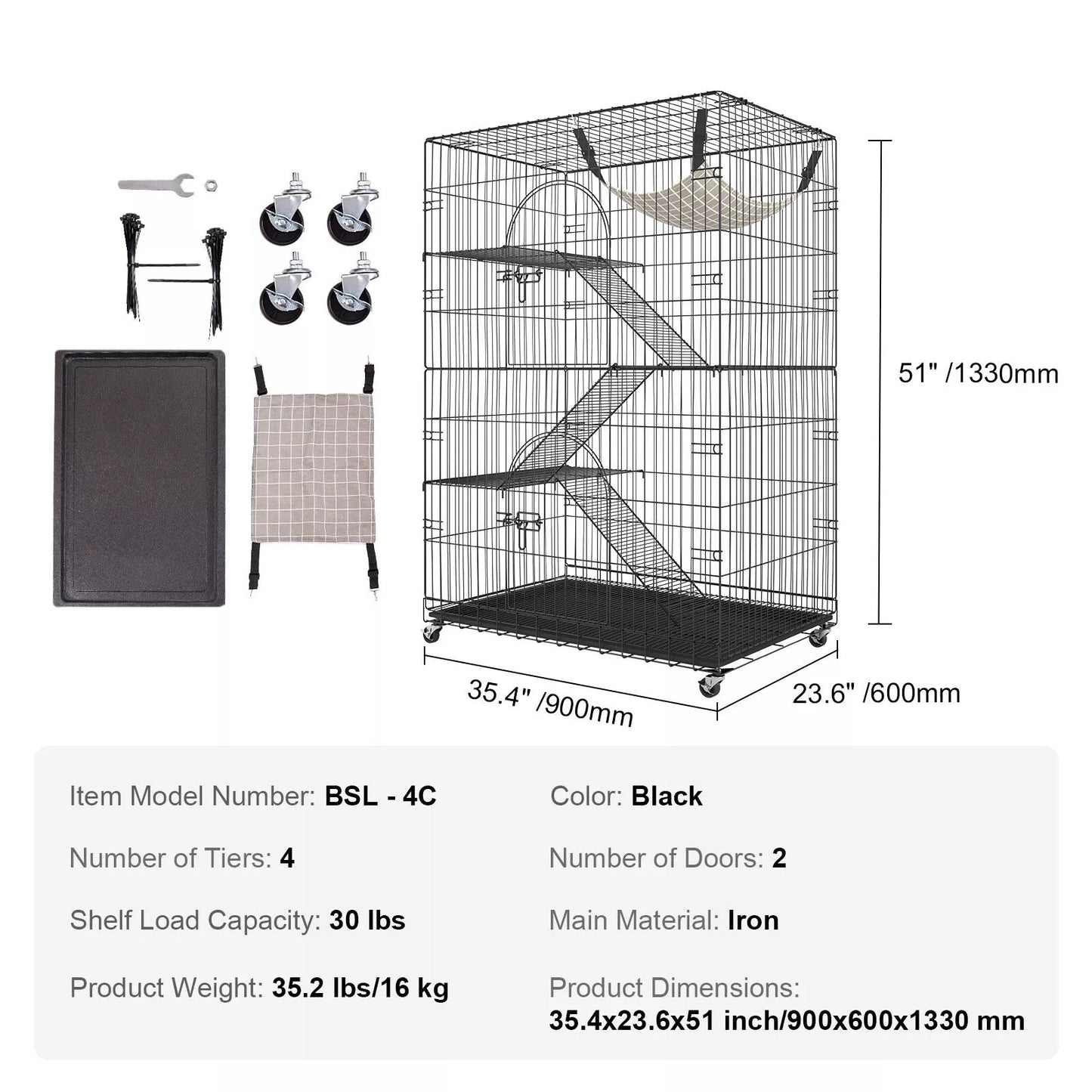 Royaleva Indoor Cat Cage Enclosure with 4 Tiers and Hammock