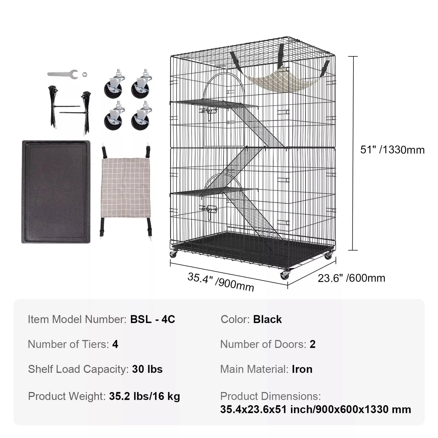 Royaleva Indoor Cat Cage Enclosure with 4 Tiers and Hammock