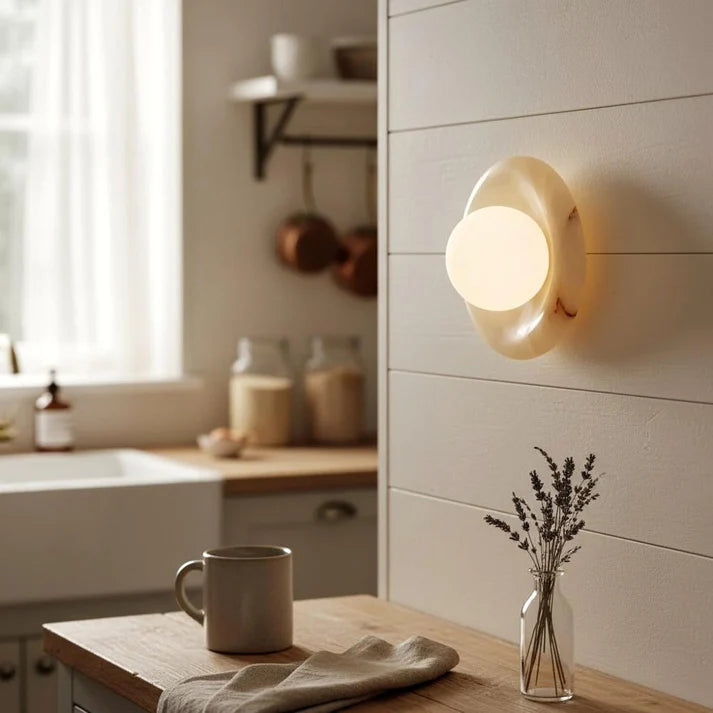 Lumora Jade Wall Sconce with Milky White Backplate and Glass Globe, Modern Luxury Lighting