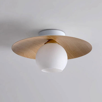 LuxRoyale Modern Wood Ceiling Light with White Globe Shade, Flush Mount Lamp