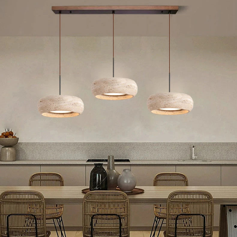 LuxRoyale Modern Travertine Pendant Light - Natural Stone Drum LED Hanging Lamp