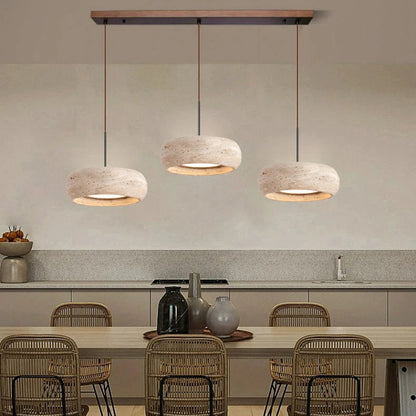 LuxRoyale Modern Travertine Pendant Light - Natural Stone Drum LED Hanging Lamp