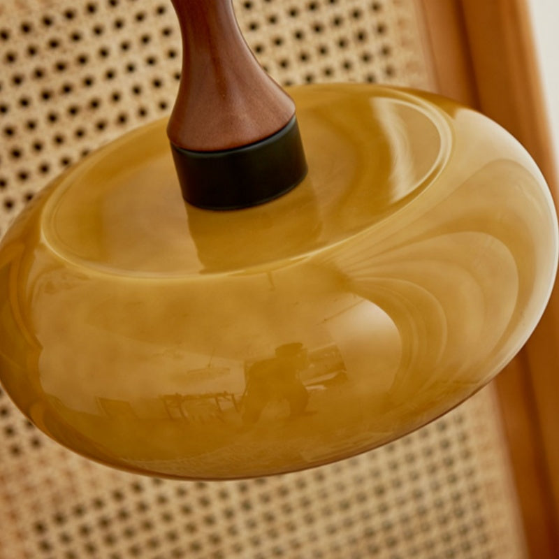 Rayvia Premium Amber Glass Pendant Light with Wood Accent for Living Dining Room.