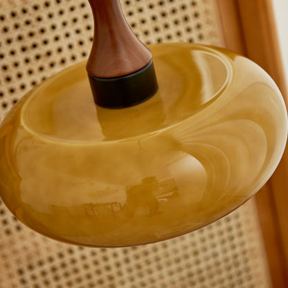 Rayvia Premium Amber Glass Pendant Light with Wood Accent for Living Dining Room.