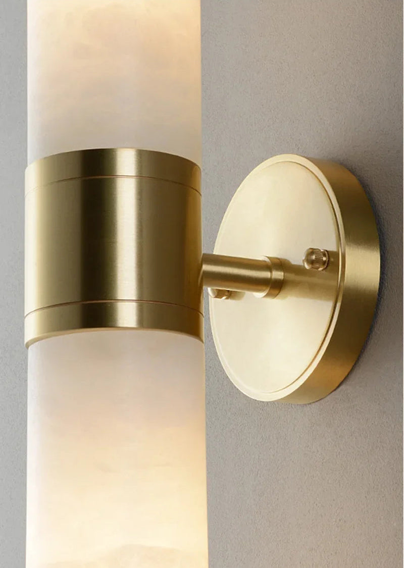 RoyaleGlow Art Deco Alabaster Sconce - Antique Brass Cylindrical Wall Lamp