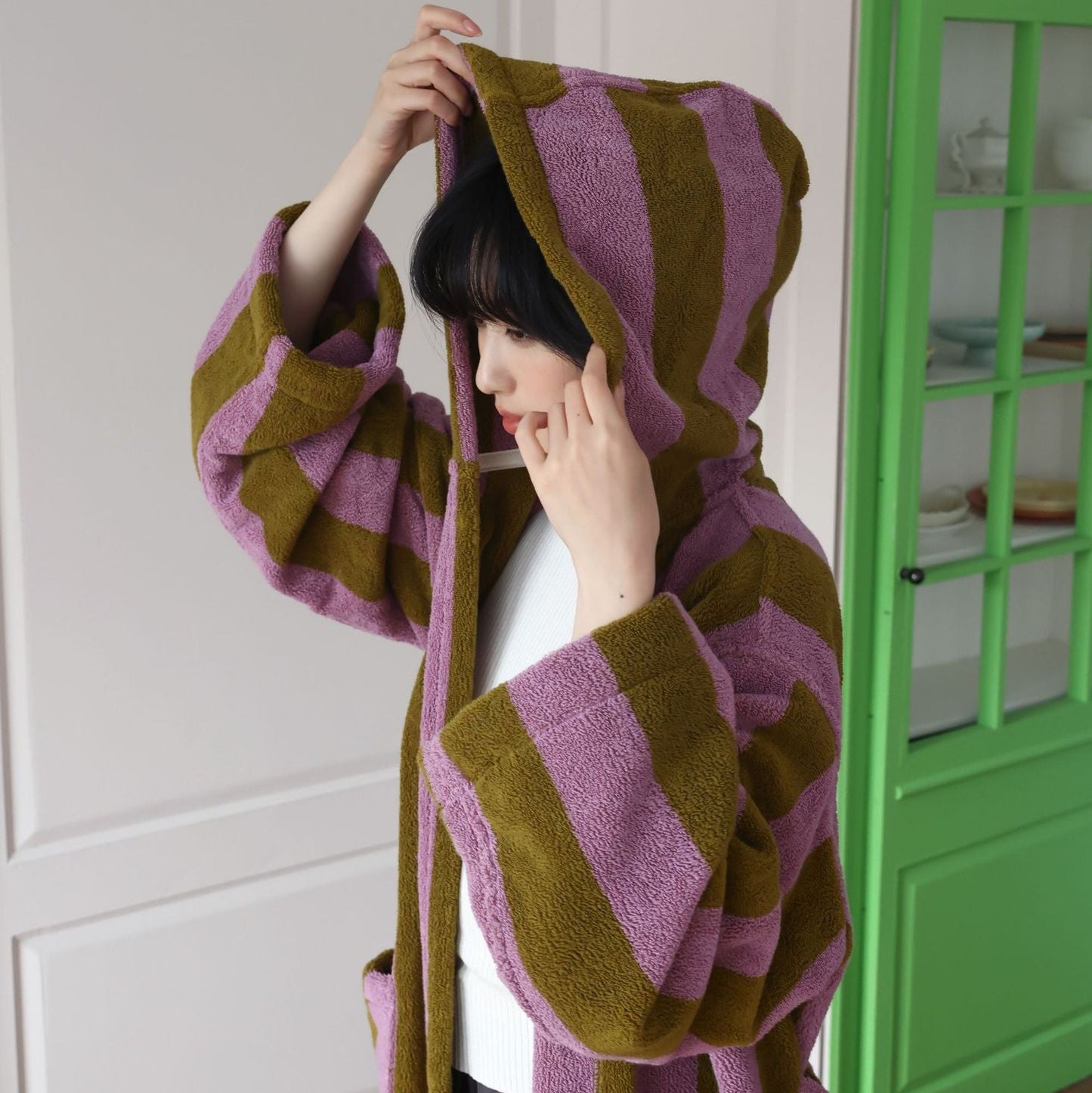 RoyaleGlow Organic Cotton Hooded Bathrobe Thick Striped Spa Robe