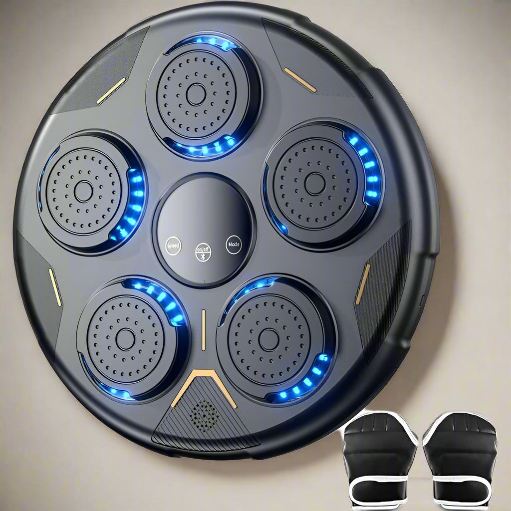 Wall-mounted music boxing machine with Bluetooth connectivity, adjustable speed, and interactive lighting modes. Ideal for stress relief, fitness training, and family fun. Easy installation with USB charging and durable leather design.