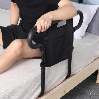 Heavy-duty senior bed rail with 136kg load capacity for safety and support. Features a storage pouch, universal compatibility, and easy installation. Ideal for seniors and individuals with limited mobility.
