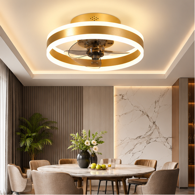 RoyaleGlow Modern Gold Flush Mount Ceiling Fan With Dimmable LED Light
