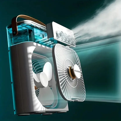 Portable 5-hole mini air cooler fan with 600ml water tank, 3-speed settings, USB-powered, silent operation, humidifier and cooling function for home, office, or travel use.