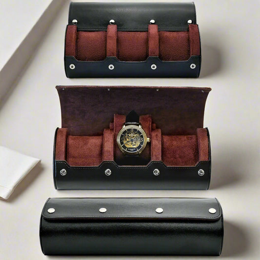 Luxury watch travel case with PU leather exterior, soft suede interior, and sliding cushions for secure storage. Features sturdy dividers, accent stitching, and a compact Swiss-inspired design for stylish protection on the go.