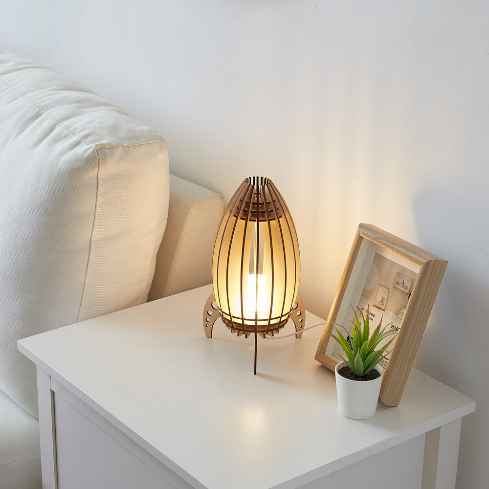 Wooden Rocket Shaped Bedside Night Lamp with Dimmable LED Light - Button