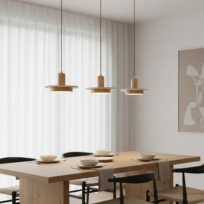 RoyaleGlow Wabi Sabi Travertine Stone & Wood Pendant Light - Modern Minimalist Lighting