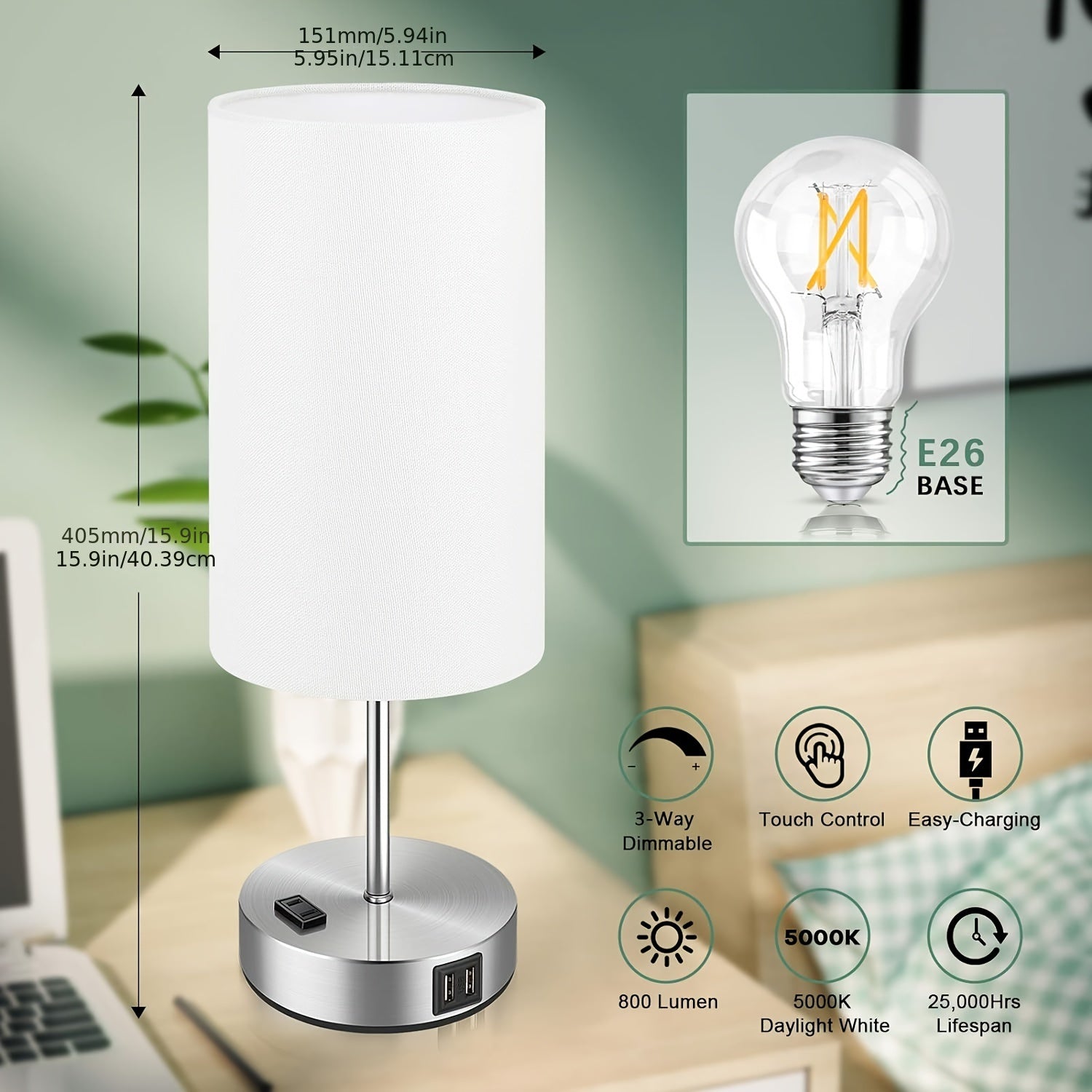 Bed Side Charging Lamp - Touch Control, USB Charging & AC Outlet, Dimmable - Silvery