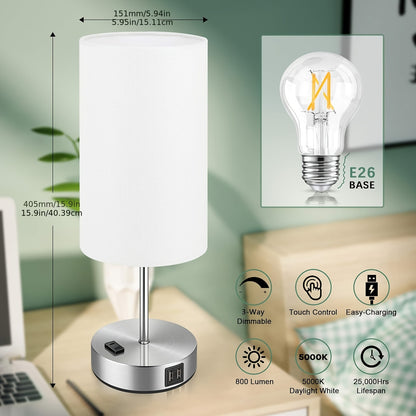 Bed Side Charging Lamp - Touch Control, USB Charging & AC Outlet, Dimmable - Silvery