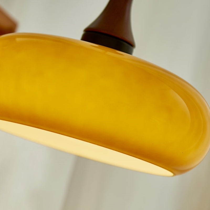 Rayvia Premium Amber Glass Pendant Light with Wood Accent for Living Dining Room.