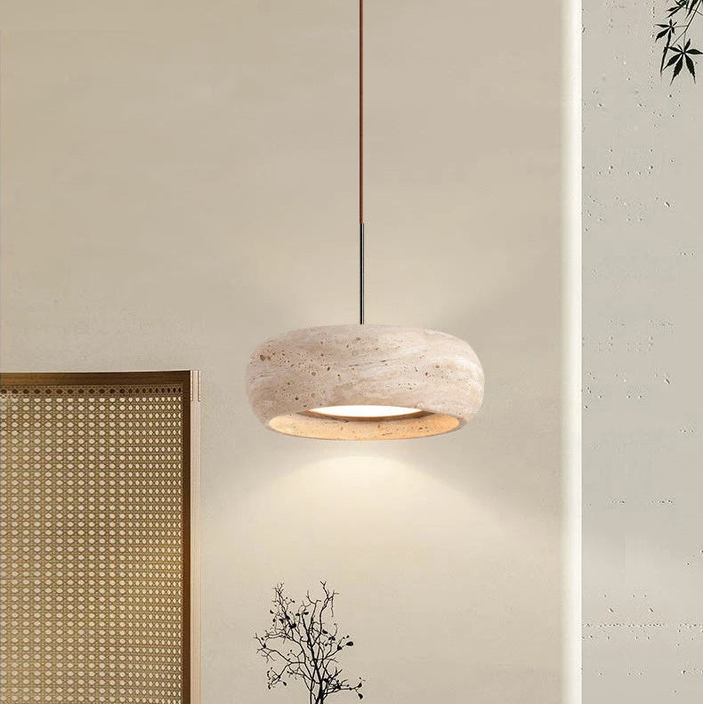 LuxRoyale Modern Travertine Pendant Light - Natural Stone Drum LED Hanging Lamp