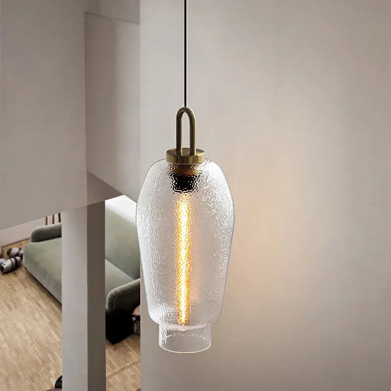RoyaleGlow Mid-Century Textured Glass & Brass Pendant Light - Modern Ceiling Fixture