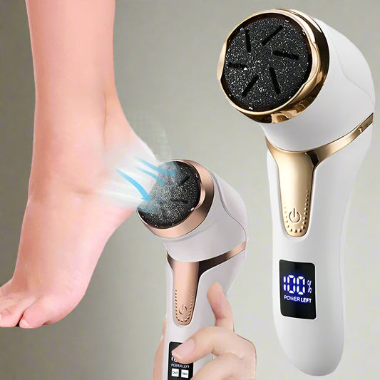 Rechargeable electric callus remover with waterproof design, two-speed modes, and built-in vacuum system. Includes three interchangeable heads for gentle to deep exfoliation, providing smooth and soft feet at home.