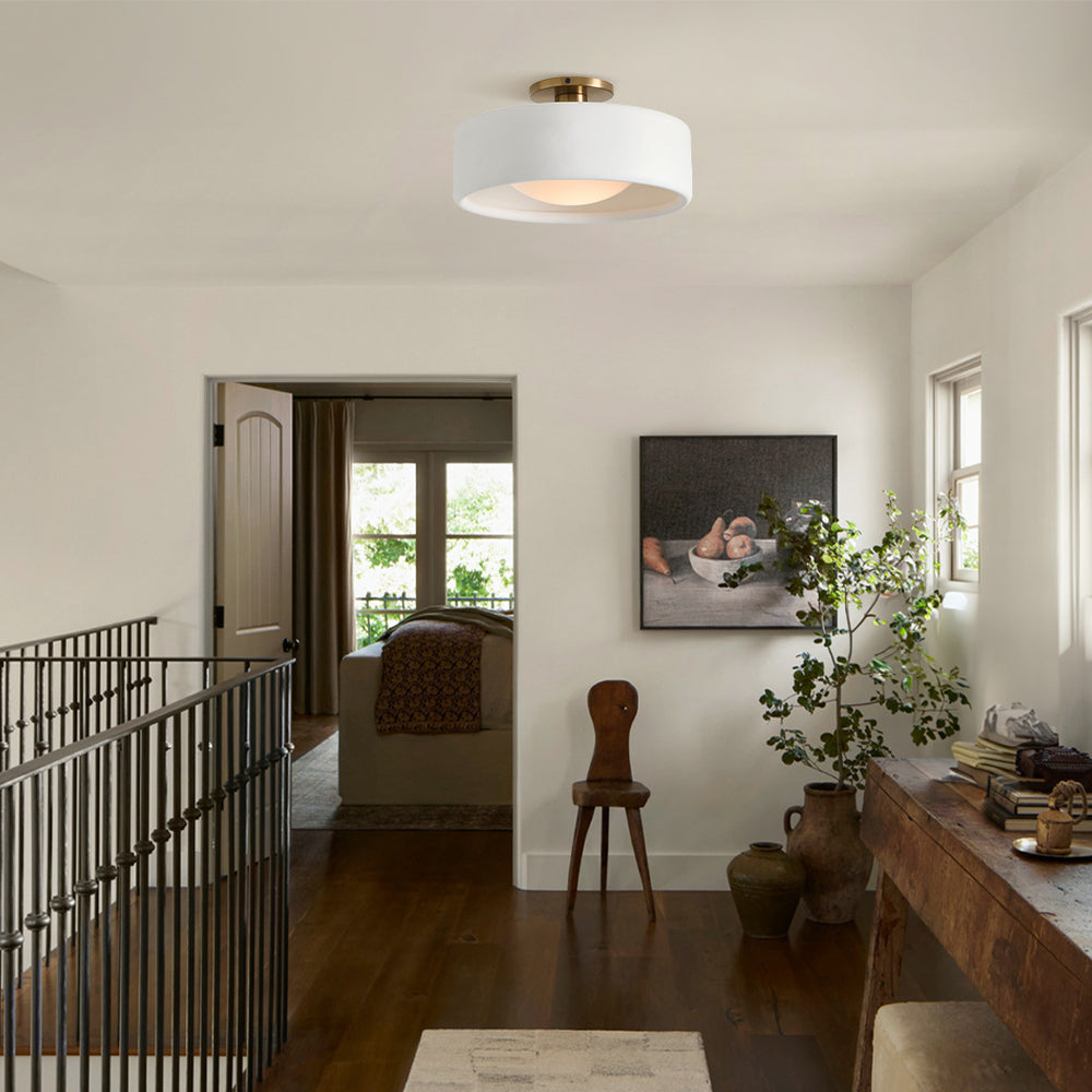 LuxRoyale Modern White Porcelain Semi-Flush Mount Ceiling Light with Brass Accent