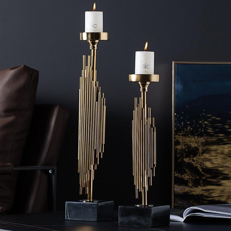 RoyaleGlow Modern Gold Metal Taper Candle Holder with Marble Base, Elegant Abstract Design-Royale Basic