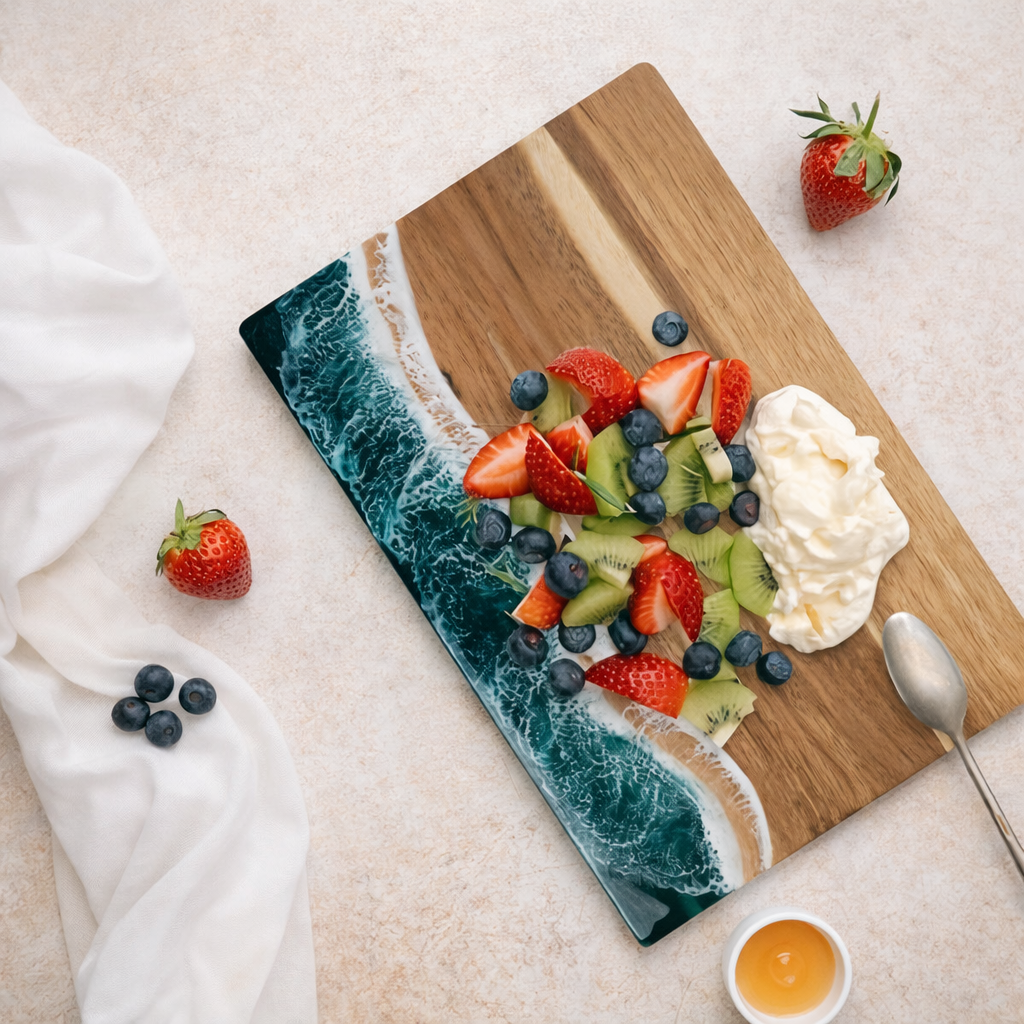 Acacia Wood Cutting Board with Ocean Resin Inlay – Handmade Wooden Kitchen & Serving Board 1