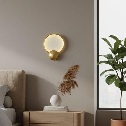 RoyaleGlow Modern Brushed Gold Wall Sconce - Frosted Disc Ambient Lighting
