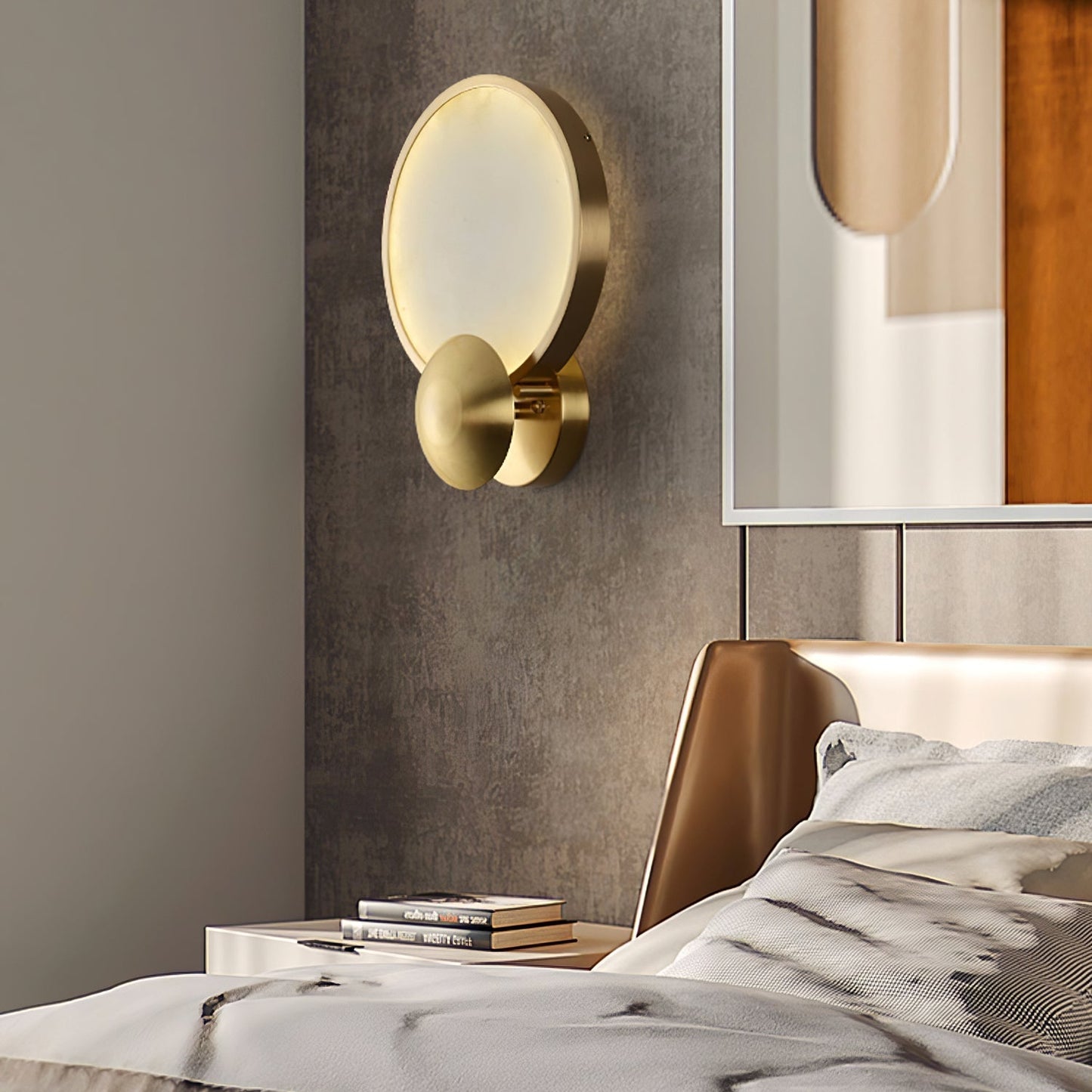 RoyaleGlow Modern Brushed Gold Wall Sconce - Frosted Disc Ambient Lighting