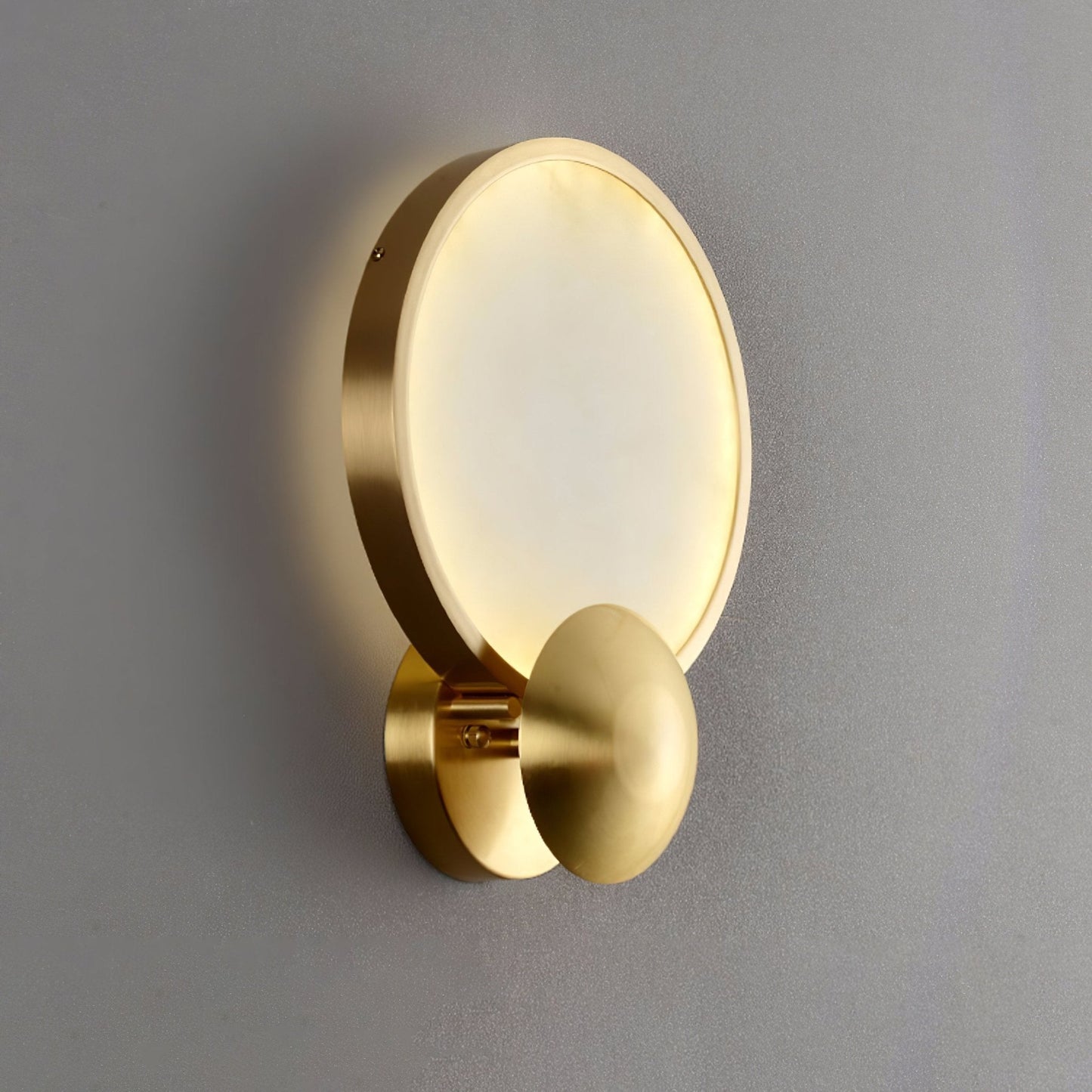 RoyaleGlow Modern Brushed Gold Wall Sconce - Frosted Disc Ambient Lighting