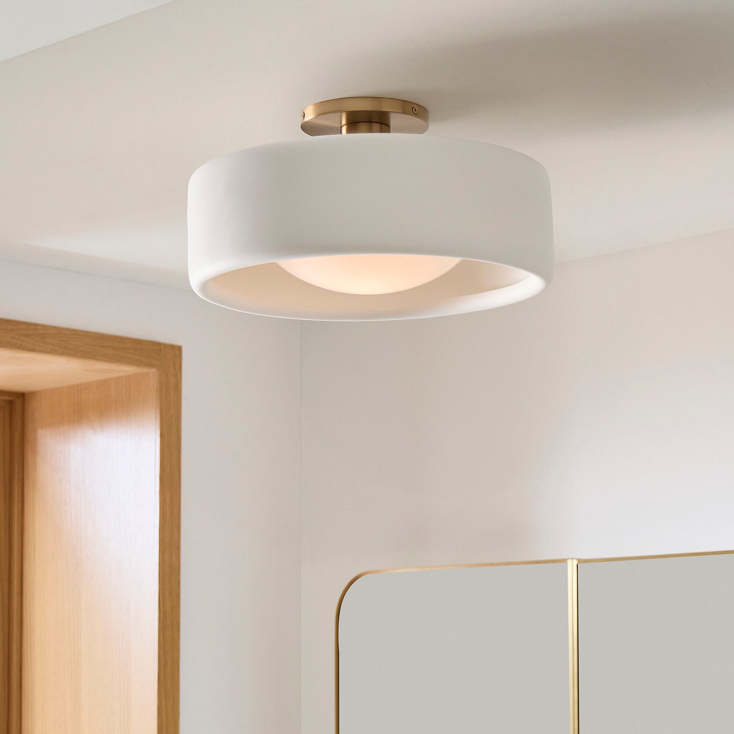 LuxRoyale Modern White Porcelain Semi-Flush Mount Ceiling Light with Brass Accent