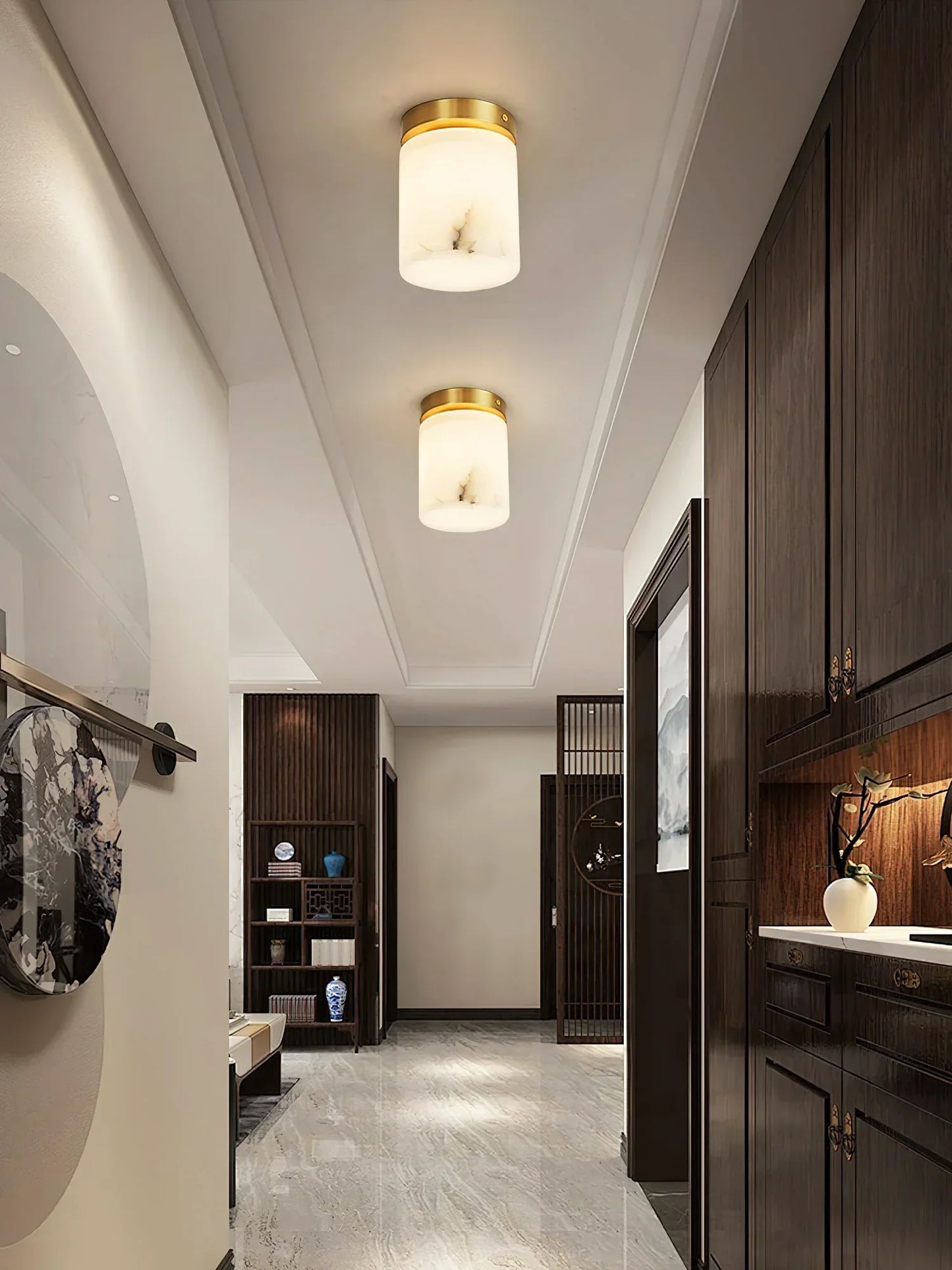 RoyaleGlow Alabaster Brass Flush Mount Ceiling Light - Modern Globe Fixture