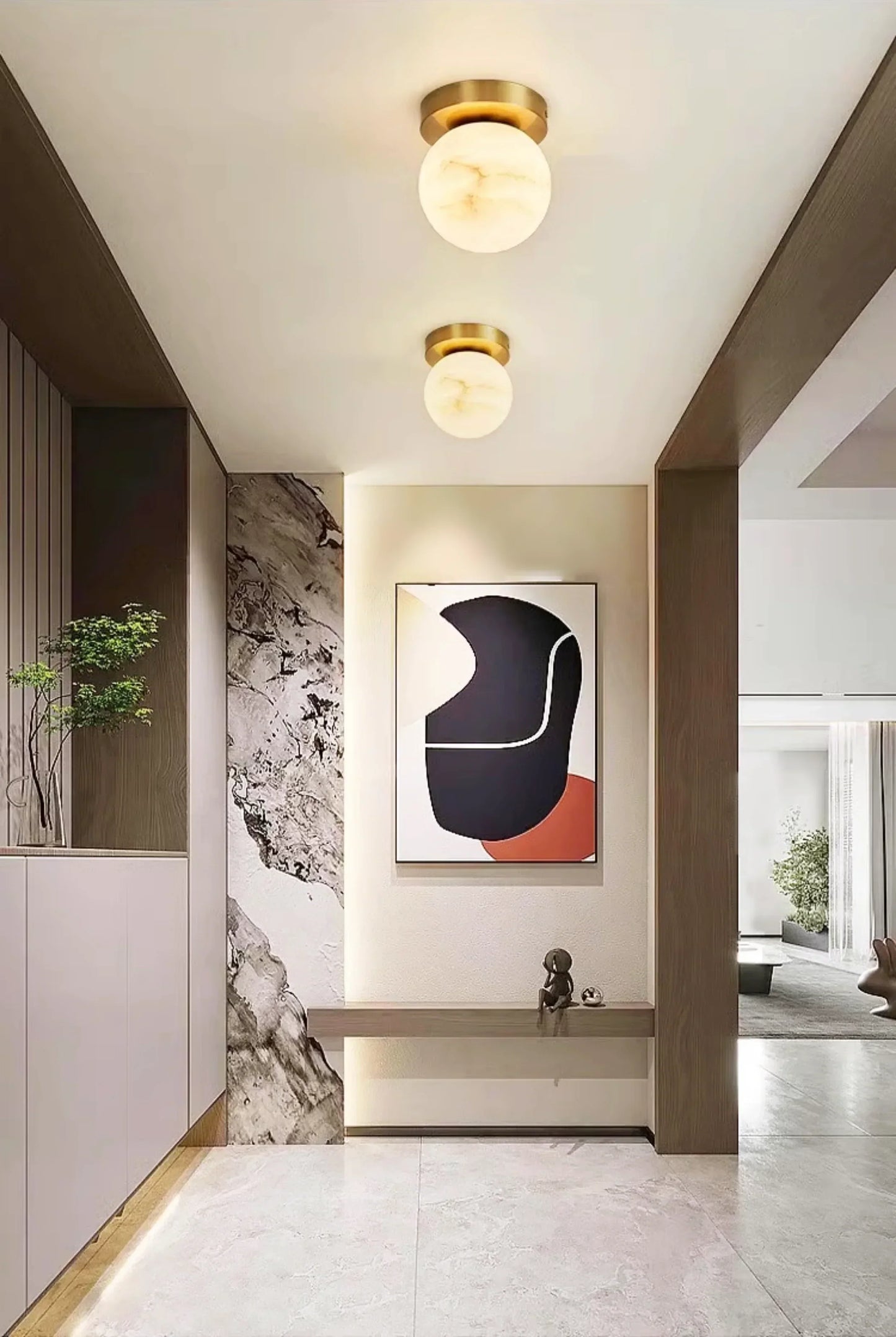 RoyaleGlow Alabaster Brass Flush Mount Ceiling Light - Modern Globe Fixture