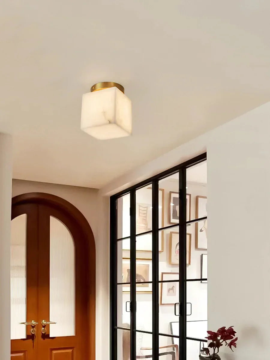 RoyaleGlow Alabaster Brass Flush Mount Ceiling Light - Modern Globe Fixture