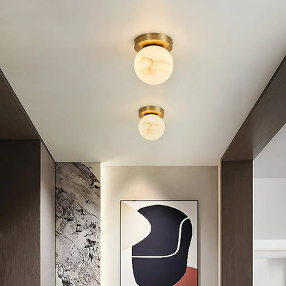 RoyaleGlow Alabaster Brass Flush Mount Ceiling Light - Modern Globe Fixture