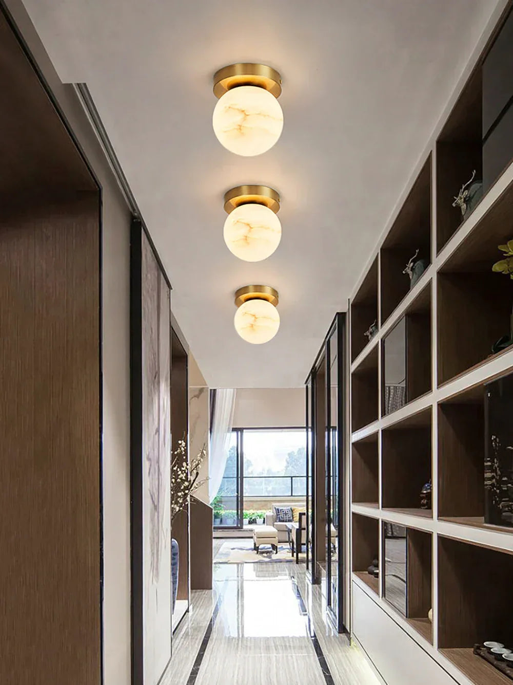 RoyaleGlow Alabaster Brass Flush Mount Ceiling Light - Modern Globe Fixture