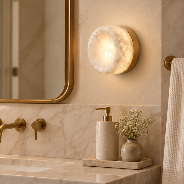 RoyaleGlow Round Alabaster Wall Sconce - Modern Brass Light Fixture