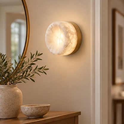 RoyaleGlow Round Alabaster Wall Sconce - Modern Brass Light Fixture