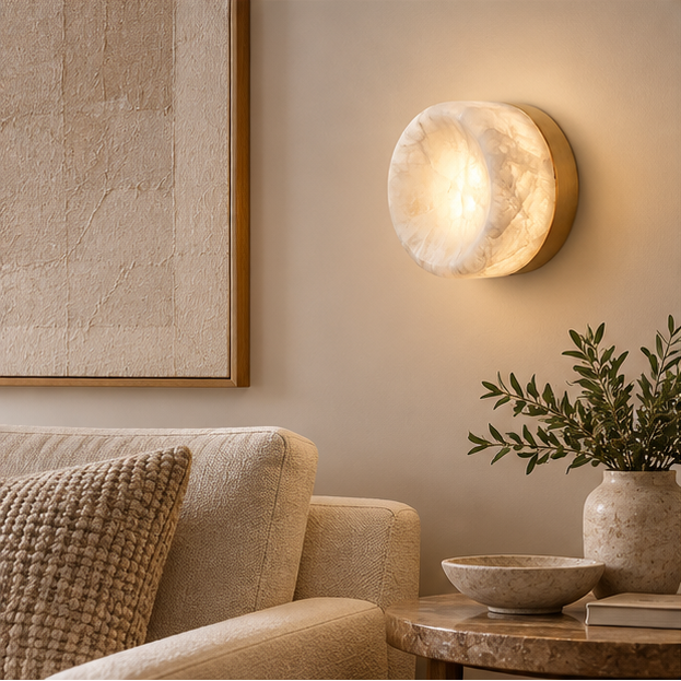RoyaleGlow Round Alabaster Wall Sconce - Modern Brass Light Fixture