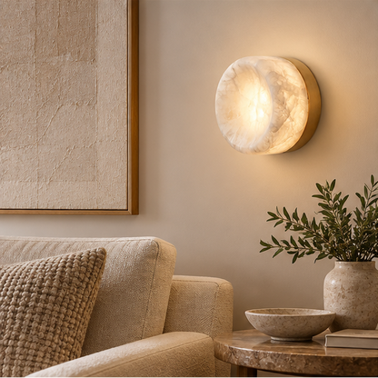 RoyaleGlow Round Alabaster Wall Sconce - Modern Brass Light Fixture