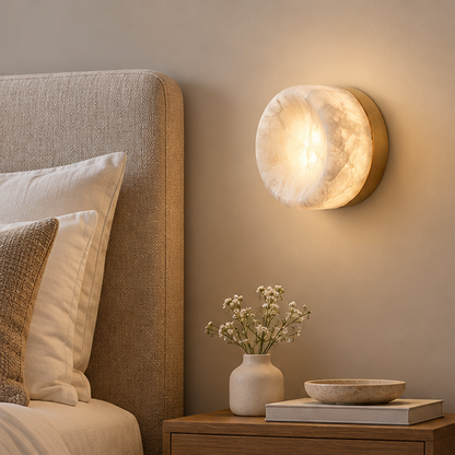 RoyaleGlow Round Alabaster Wall Sconce - Modern Brass Light Fixture