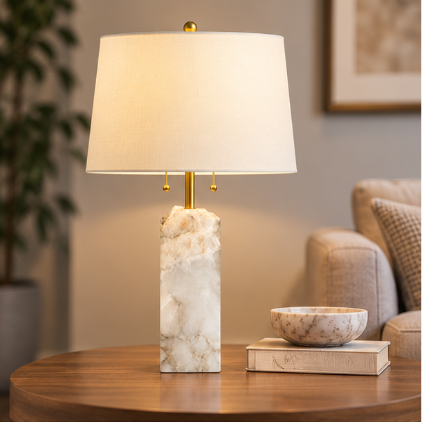 Alabaster Chiseled Slanted Monolith Table Lamp - Natural Spanish Alabaster Column, Organic Linen Shade - Bedroom & Living Rooms