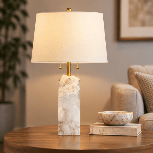LuxRoyale Natural Alabaster Stone Table Lamp with Fabric Shade - Royale Basic