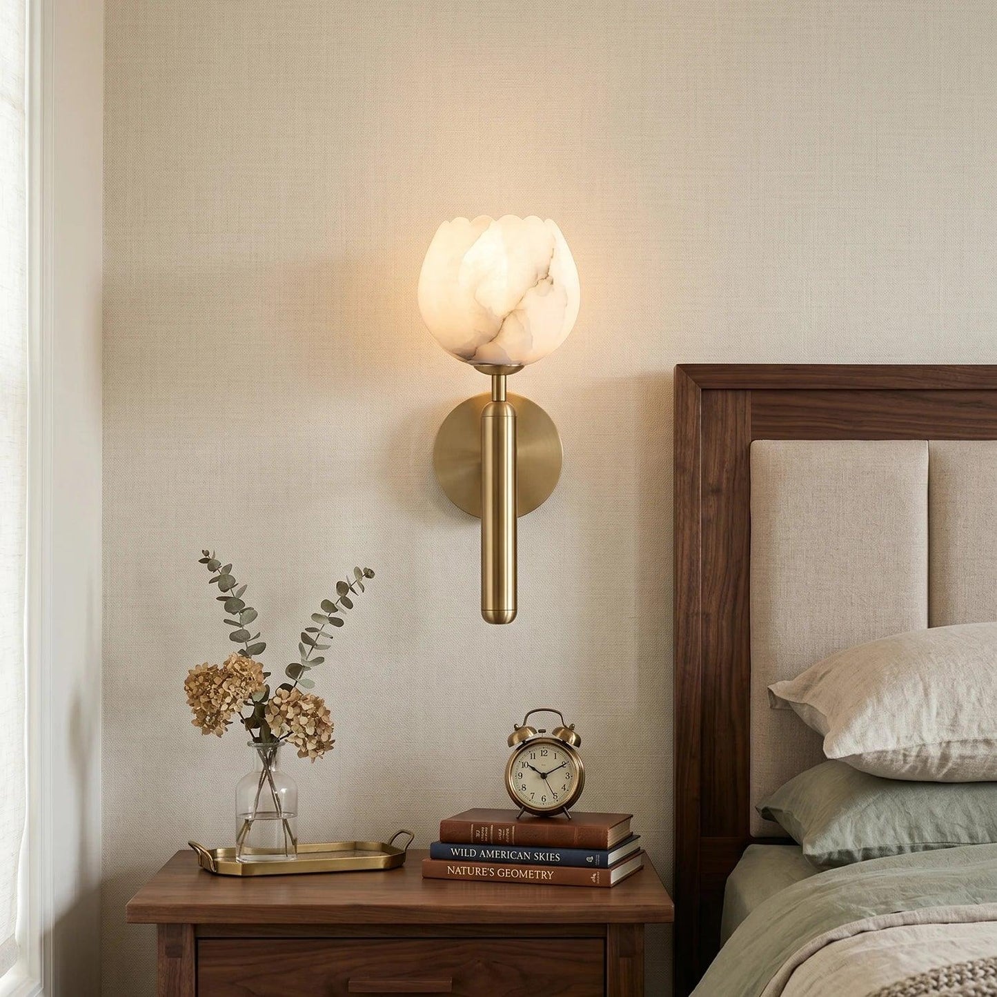 Royelux Alabaster Brass Wall Sconce Light with LED Compatibility