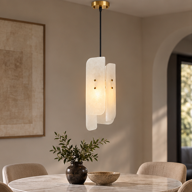 Alabaster Offset Concentric Panel Cluster Pendant Light - Natural Spanish Alabaster Panels, Custom, Serene Black Trim - Kitchens, Dining & Living Rooms