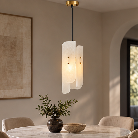 Alabaster Offset Concentric Panel Cluster Pendant Light - Natural Spanish Alabaster Panels, Custom, Serene Black Trim - Kitchens, Dining & Living Rooms