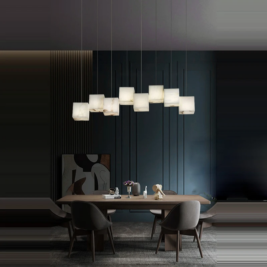 RoyaleGlow Modern Alabaster Cube Pendant Light - Long Chandelier for Dining & Staircase - Royale Basic