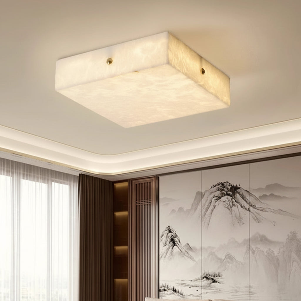 RoyaleGlow Alabaster Square Flush Mount Ceiling Light with Brass Accents
